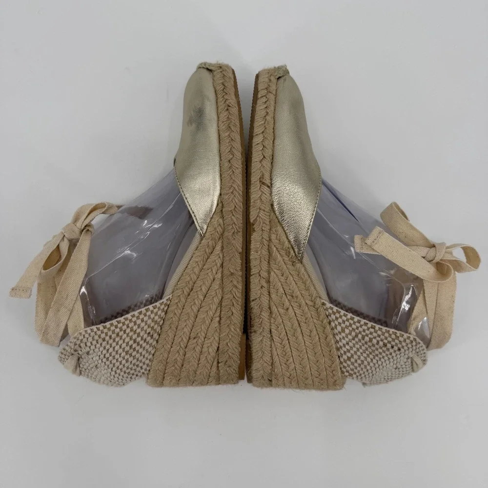 Boden Metallic Gold Espadrille Wedges Ribbon Ankle Tie Made in Spain Size 38